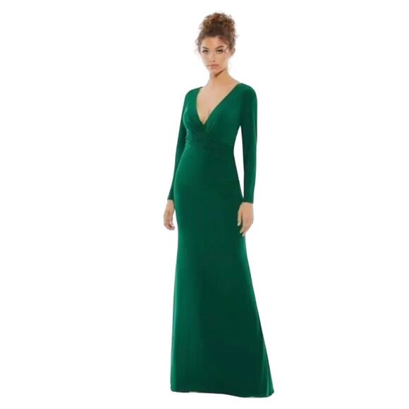 MAC DUGGAL Jersey Wrap A-Line Gown in Emerald Size 14 Long Sleeve V-Neck - Picture 1 of 5